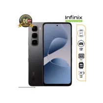 Smartphone Infinix Hot 60i de couleur grise, avec une vue de face montrant le grand écran et une vue de dos mettant en évidence les capteurs de la caméra et le logo Infinix