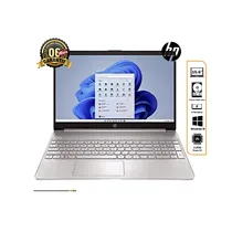 Laptop HP 15s, vue frontale, couleur argent, avec l'écran affichant l'interface Windows 11 et une vignette de 6 mois de garantie