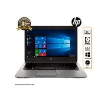 Laptop HP EliteBook 840 G1 ouvert, affichant l'écran Windows 10, avec logo HP et des informations clés comme la taille de l'écran, le stockage et la garantie de 6 mois