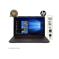 Laptop HP Notebook 250 G7, vue frontale, couleur noire, avec l'écran affichant l'interface Windows 10 et une vignette de 6 mois de garantie