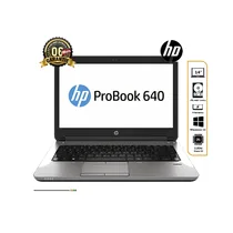 Laptop HP ProBook 640, vue frontale, couleur argent, avec l'écran affichant le logo HP ProBook 640 et une vignette de 6 mois de garantie