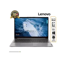 Laptop Lenovo IdeaPad 1 gris, ouvert, affichant un fond d'écran de paysage de glace. Des icônes sur le côté droit décrivent ses caractéristiques : 15.7 pouces, 256 Go SSD, 6 heures d'autonomie et un processeur Celeron Dual Core