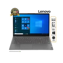 Laptop Lenovo V15 Gen 2, vue frontale, couleur grise, avec l'écran affichant l'interface Windows 11 et une vignette de 6 mois de garantie
