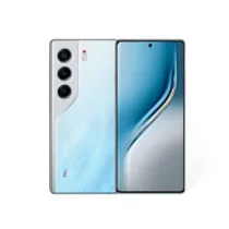 Smartphone Camon 40 bleu, avec une vue de face montrant l'écran incurvé et une vue de dos mettant en évidence le module de la triple caméra et le design premium