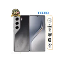 Smartphone Tecno Camon 40 noir et gris, avec une vue de face montrant l'écran incurvé et une vue de dos mettant en évidence le module de la triple caméra et le design premium