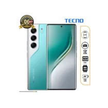 Smartphone Tecno Camon 40 Pro de couleur verte. Vue de face et de dos. Le design est premium, avec un écran incurvé, une triple caméra à l'arrière et un flash, le tout sur un boîtier élégant