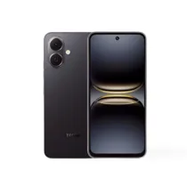 Smartphone Pop 10 de couleur noir, avec une vue de face montrant le grand écran et une vue de dos mettant en évidence les deux caméras et le logo Tecno