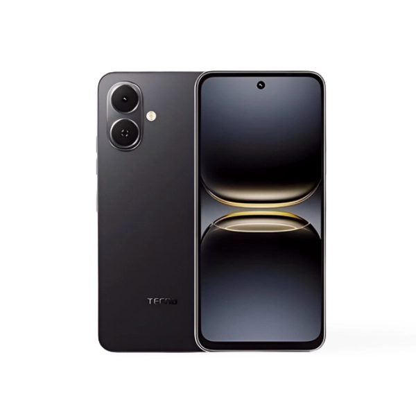 Smartphone Pop 10 de couleur noir, avec une vue de face montrant le grand écran et une vue de dos mettant en évidence les deux caméras et le logo Tecno