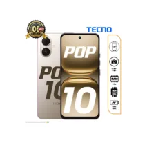 Smartphone Tecno Pop 10 de couleur blanc, avec une vue de face montrant le grand écran et une vue de dos mettant en évidence les deux caméras et le logo Tecno