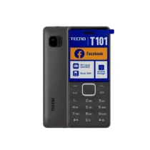 Téléphone Tecno T101 noir de face, affichant l'écran d'accueil avec les logos de Facebook et des fonctionnalités principales (FM Loud Speaker, Dual SIM, Stylish Design)