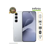 Smartphone Infinix Hot 60 Pro de couleur gris, avec une vue de face montrant l'écran et une vue de dos mettant en évidence le module de la caméra et le logo Infinix. Le design est élégant et moderne