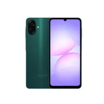 Smartphone Samsung A07 de couleur verte, avec une vue de face montrant le grand écran et une vue de dos mettant en évidence les deux caméras et le logo Samsung