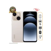 Smartphone Itel A06 de couleur beige, avec une vue de face montrant le grand écran et une vue de dos mettant en évidence les deux caméras et le logo Itel
