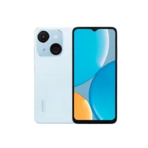 Smartphone Itel de couleur bleu avec une vue de face montrant le grand écran et une vue de dos mettant en évidence les deux caméras et le logo Itel