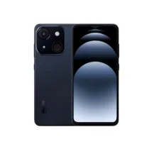 Smartphone Itel de couleur noir, avec une vue de face montrant le grand écran et une vue de dos mettant en évidence les deux caméras et le logo Itel