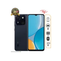 Smartphone Itel A50C de couleur noir. Le design est moderne, avec un grand écran et un module de caméra double à l'arrière