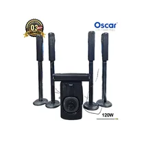 Barre de son OSCAR OSC-916T 120W comprenant la barre de son principale, quatre enceintes satellites (tours) et un caisson de basses central.