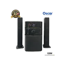 Barre de Son OSCAR OSC-2027T noir 120W, composé d'un caisson de basses central et de deux enceintes tours latérales, idéal pour le salon.
