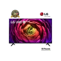 Smart TV LG 50 Pouces 4K UHD (50UR73006LA) allumée, affichant une fleur aux couleurs vives. Logo LG ThinQ AI et garantie 6 mois visible