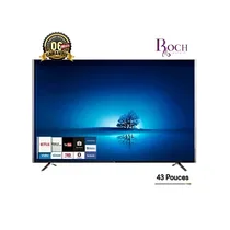 Vue de face du Smart TV Roch 43 pouces Full HD. L'écran affiche une image haute résolution et les logos d'applications. Un support mural noir est visible à côté, indiquant son inclusion.