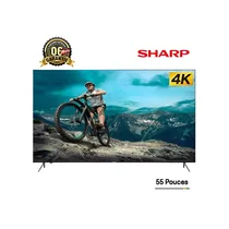 Smart TV SHARP 55 pouces 4K UHD (4T-C55FJ1MX) sur pieds, affichant une image d'un cycliste en montagne. Logo SHARP 4K et garantie 6 mois visible