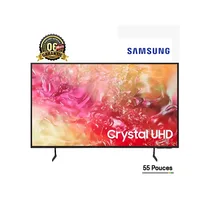 Smart TV Samsung 55 pouces Crystal UHD (UA55DU7000UXLY) sur pieds, affichant une image de couleurs vives. Logo Samsung et garantie 6 mois visible