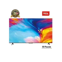 Smart TV TCL 50 pouces affichant une image abstraite colorée. La garantie de 6 mois et la marque TCL sont visibles