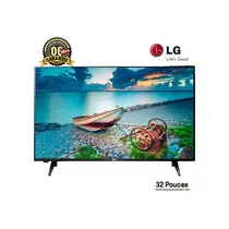 TV numérique LG 32 pouces (32LR500BPVA) noir sur pieds, affichant un paysage maritime. Logo LG et garantie 6 mois visible