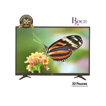 Vue de face du téléviseur Roch 32 pouces avec une image vibrante de papillon, à côté du support mural noir robuste