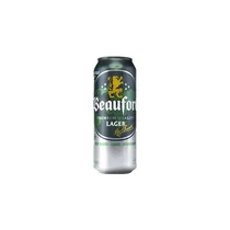 Canette de Beaufort Lager 50cl ouverte avec mousse et condensation, sur fond rafraîchissant
