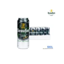 Pack de 24 canettes de bière Beaufort Lager 50cl alignées sur une table de fête