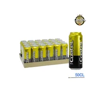 Pack de 24 cannettes Castel Beer 50cl sur fond blanc, prêt à servir