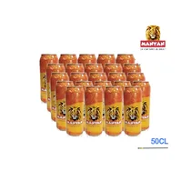 Pack de 24 canettes de bière Manyan 50CL disposées sur une table