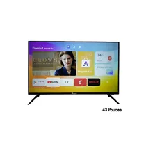 Vue de face de la TV Smart Powerful allumée affichant un menu d'applications.