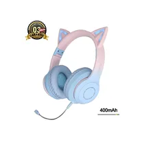 Casque gaming style oreille de chat sans fil rose et bleu pastel avec lumières LED, microphone flexible et batterie 400mAh