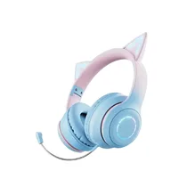 Casque gaming sans fil style oreille de chat rose et bleu pastel