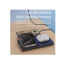 Vue du Chargeur magnétique sans fil noir 3 en 1 mat avec un téléphone, une montre et des AirPods en charge