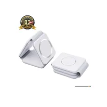 Chargeur magnétique sans fil pliable 3 en 1 blanc, présenté en mode support incliné et plié compact pour le voyage, avec garantie 3 mois