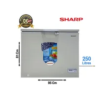 Congélateur coffre Sharp 250 Litres SCF-K250XL-SL2 gris, avec dimensions (95 cm L, 81 cm H) et logo 6 mois de garantie