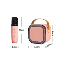 Présentation des dimensions du Kit Karaoké Enfant portable K12 rose comprenant deux microphones sans fil et une enceinte Bluetooth