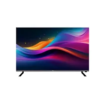 Téléviseur smart Delta 43 pouces sur pied diffusant des formes abstraites et colorées, illustrant la qualité d'image.