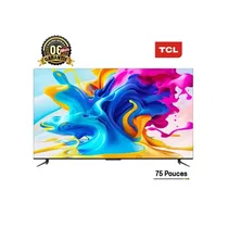 Smart TV TCL 75 pouces 75C6K QLED, affichant une image abstraite colorée. Le logo de la marque et la mention de la garantie sont visibles