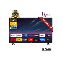 Vue de face de la Smart TV Roch 32 pouces montrant un cadre ultra-fin et les icônes d'applications comme Netflix et YouTube. Le support mural est affiché à côté pour souligner l'inclusion