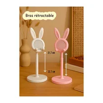 Vue du support de téléphone bureau Lapin, montrant l'articulation réglable du bras et la base large pour la stabilité