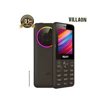 Téléphone Villaon V220 noir avec anneau lumineux multicolore. Vue de face montrant l'écran et le clavier, et vue de dos montrant le haut-parleur et l'anneau lumineux. Le design est moderne et unique