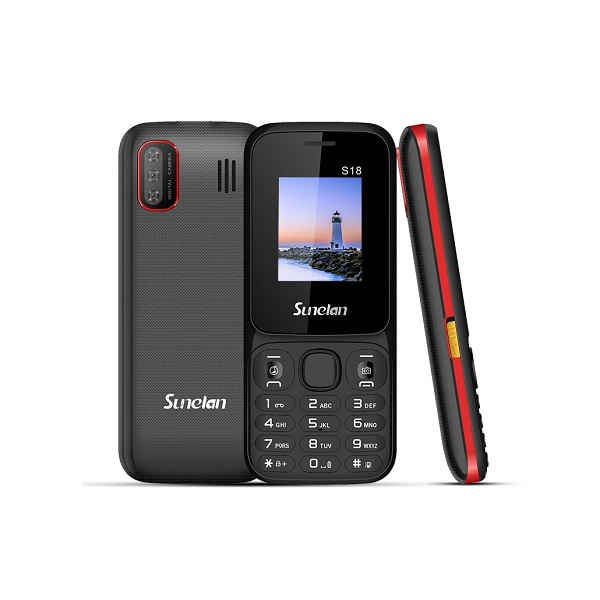 Téléphone Sunelan S18 noir-rouge, double SIM, vue avant et arrière avec logo et affichage