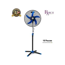 Ventilateur sur pied Roch RSF-1818-C noir avec des pales bleues, vu de face, avec sa grille et sa base en forme de trépied.