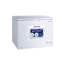 Vue frontale du congélateur SHARP SCF-K250XL-SL2 argent avec étiquette MULTI FREEZER