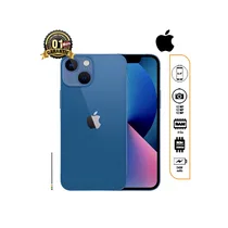 iPhone 13 mini reconditionné 256Go, écran allumé, double caméra, avec le logo Apple et les icônes de spécifications (5.4", 12MP,, 2438 mAh, 1 mois de garantie)