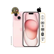 iPhone 15 reconditionné USA rose avec écran allumé, double caméra arrière et fiche technique détaillée (48MP, 8Go RAM, 128Go ROM, 6,1"), garanti 1 mois